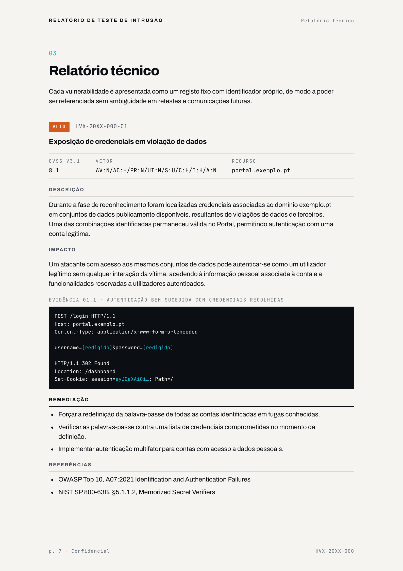 Technical finding page with evidence and remediation